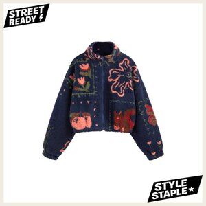 Sherpa Fleece Jacket Cropped Graphic Zipper Turtle Neck Winter Warm